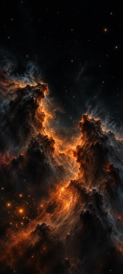 Orange interstellar dust between dark nebular pillars beneath a sparse star field.