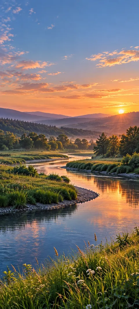 Bluegrass banks curve around a slow river beneath distant trees.