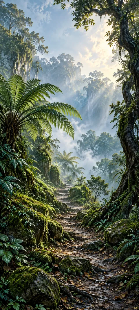 A rocky path climbs through moss, ferns and misty forest beside a large dark trunk.