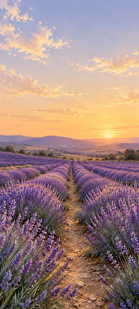 Lavender rows and a central path leading toward hills beneath a golden sunset.