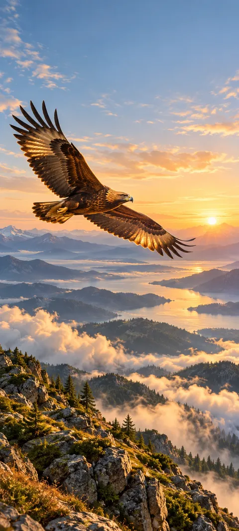 A golden eagle glides above foothills and cloud.