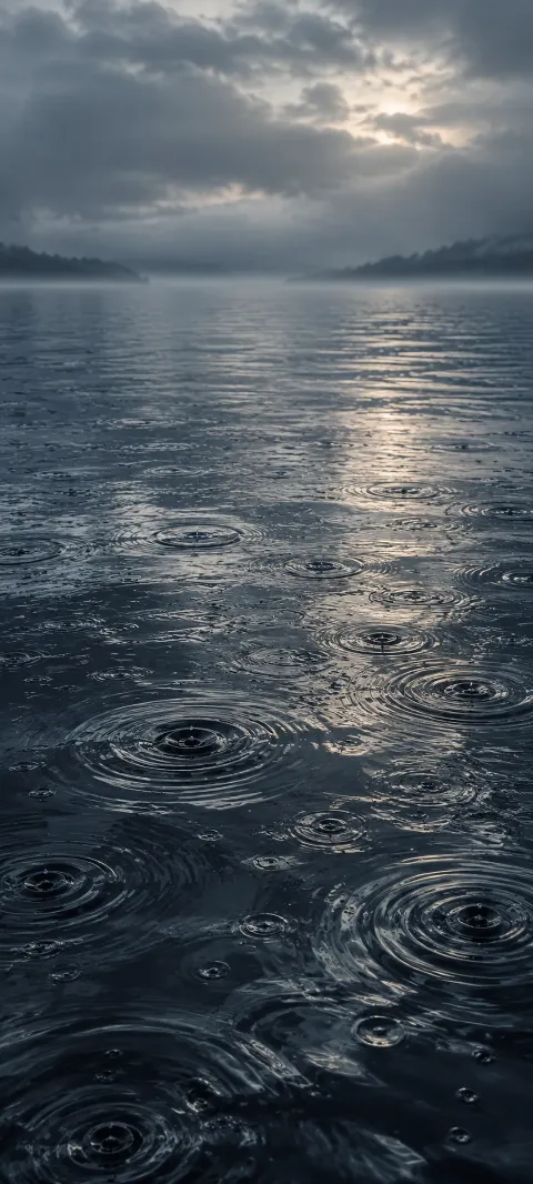Rain circles spread across dark harbor water.