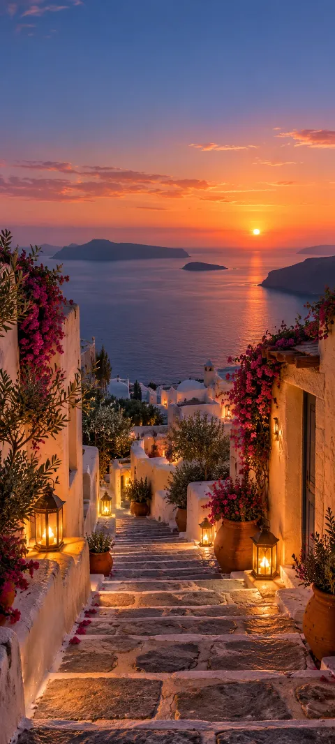 Stone steps descend between warm lanterns and plaster walls.