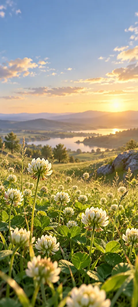 White clover blossoms fill a sunlit meadow above a lake.