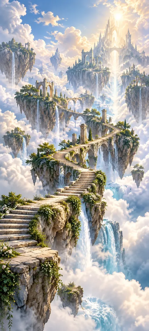 Stone stairways connect islands above a cloud sea.