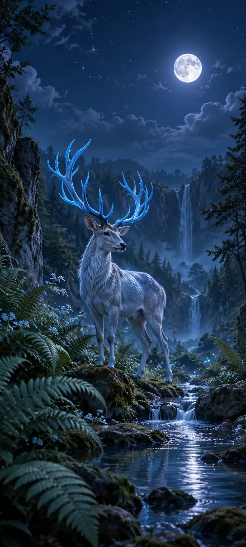 A blue-antlered deer standing in a moonlit fern hollow.