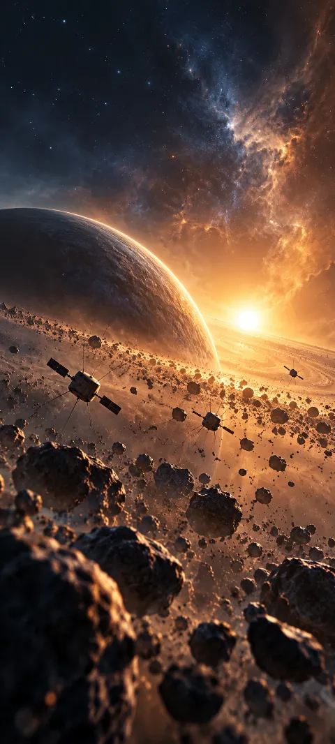 Small satellites drift near a ringed world in golden cosmic dust.