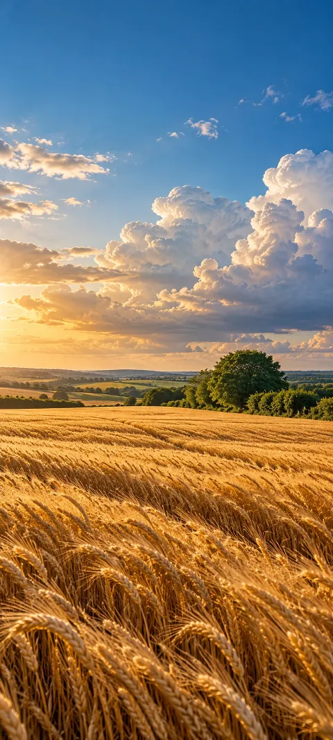 Golden wheat ripples toward a lone hedgerow beneath summer clouds.