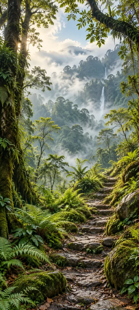 A fern-lined footpath climbs through misty cloud forest light.