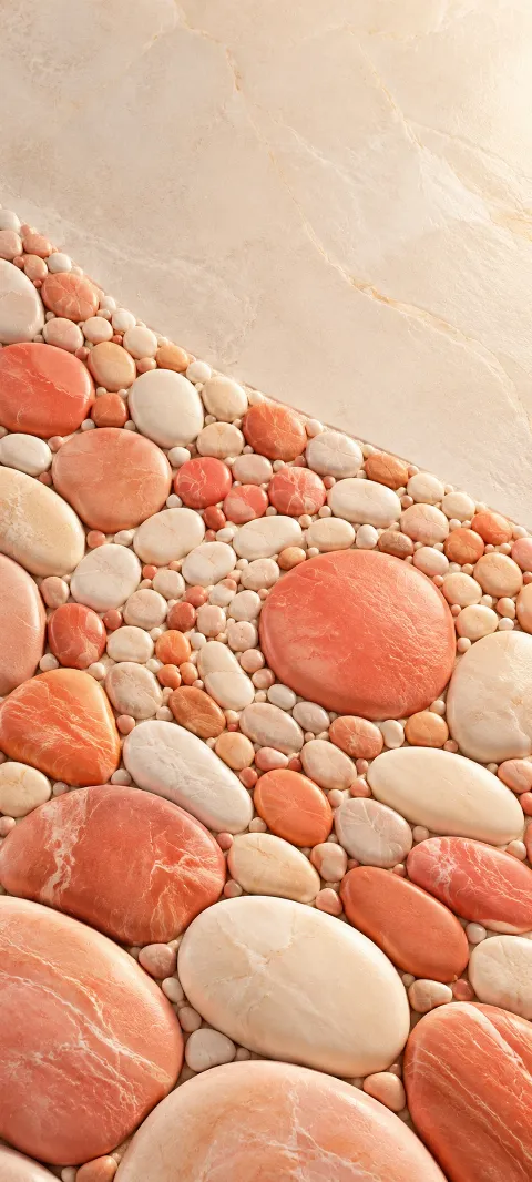 Coral and cream pebbles form a rounded mosaic.