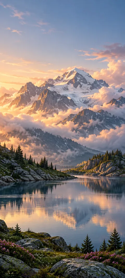 A snow-capped summit and alpine lake glow beneath sunset clouds.