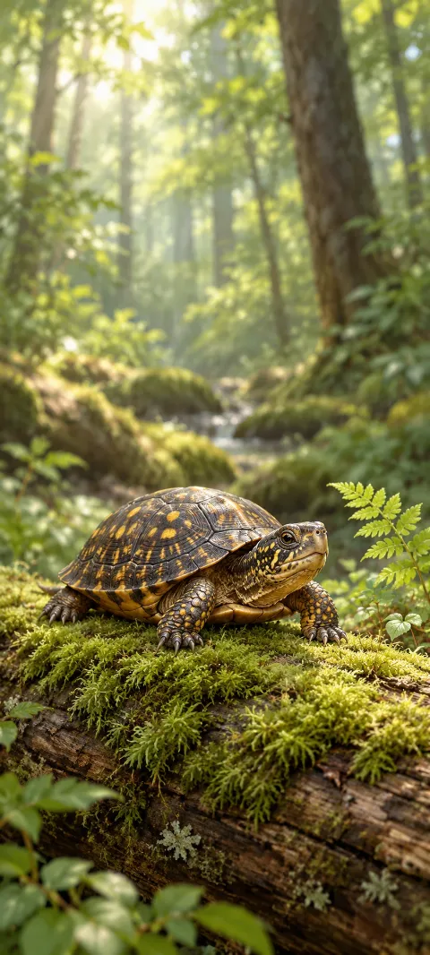 A yellow-spotted turtle resting on a moss-covered forest log.