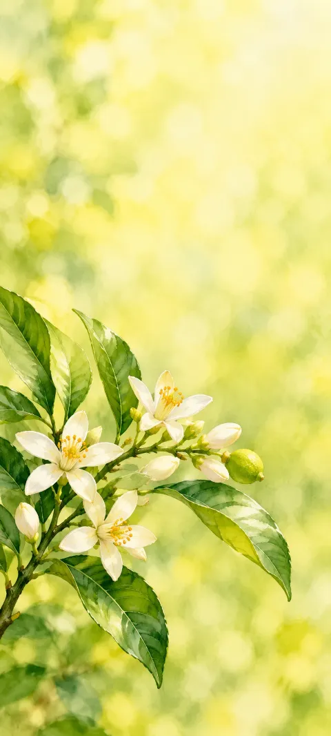 White lemon blossoms with golden stamens, glossy leaves, buds, and a green lemon on a softly painted branch.
