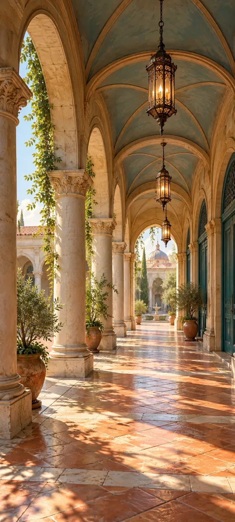 Stone vaulted arcade with pendant lanterns, teal doors, terracotta tiles and a distant courtyard fountain.