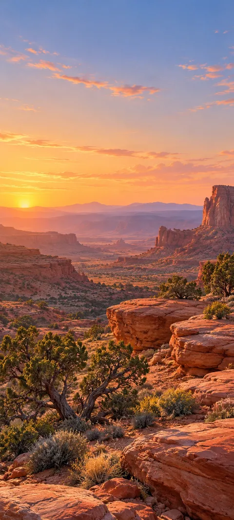 Juniper and red rock shelves form a desert basin at sunset.