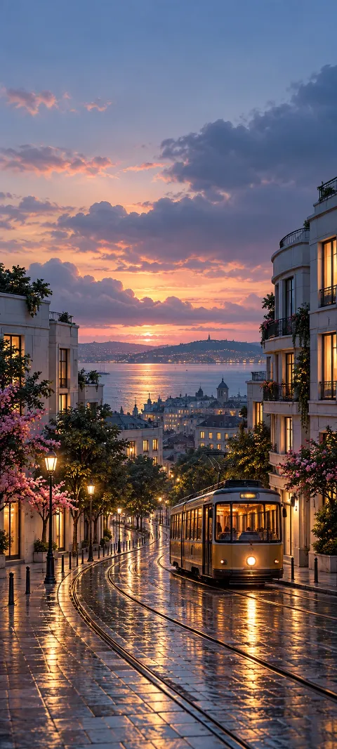 An amber-lit tram on a wet curved street overlooking a bay.