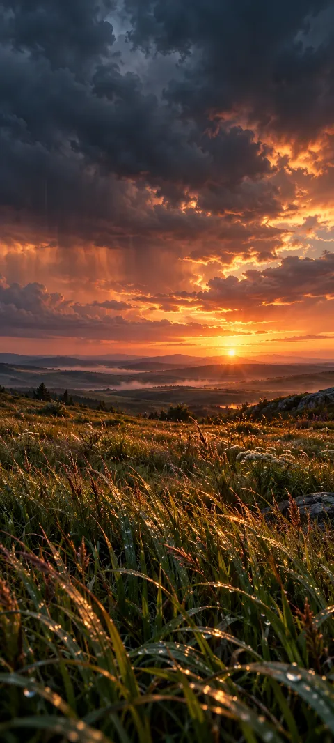 Rain-darkened meadow grasses catch copper light under storm clouds.