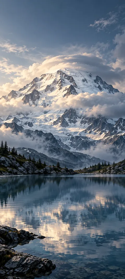 A snowy mountain wrapped in clouds above a still alpine lake.