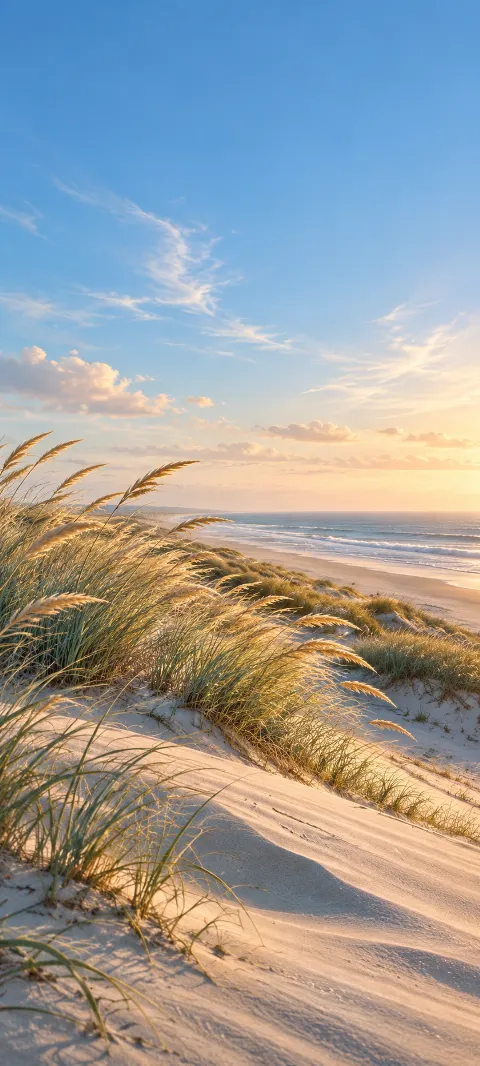 Pale dune grass bends across a quiet sand ridge beneath a blue sky.
