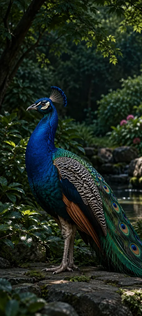 A peacock stands in deep garden shade.