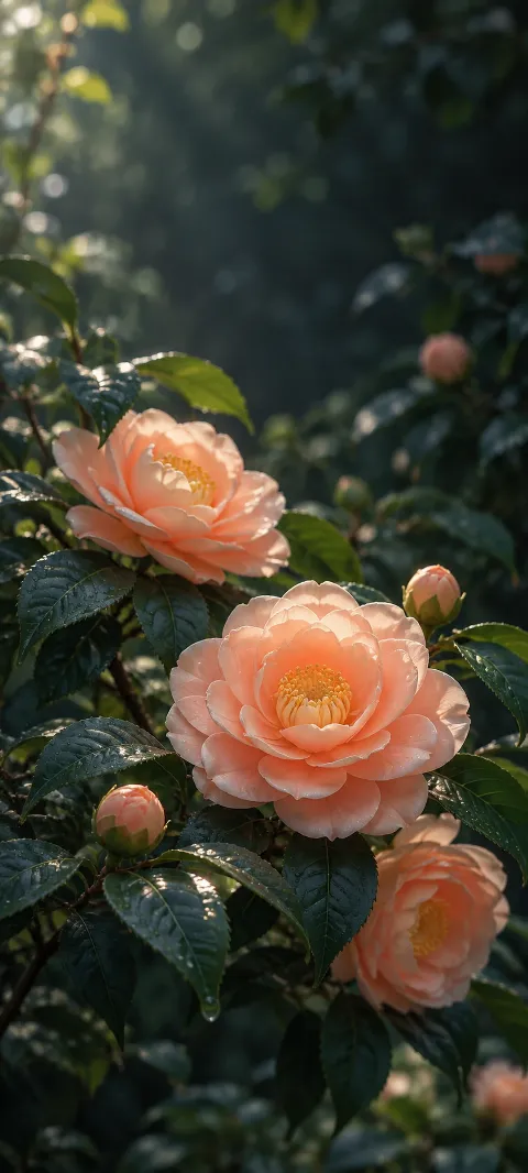 Peach camellia blossoms sit in deep leafy shade.