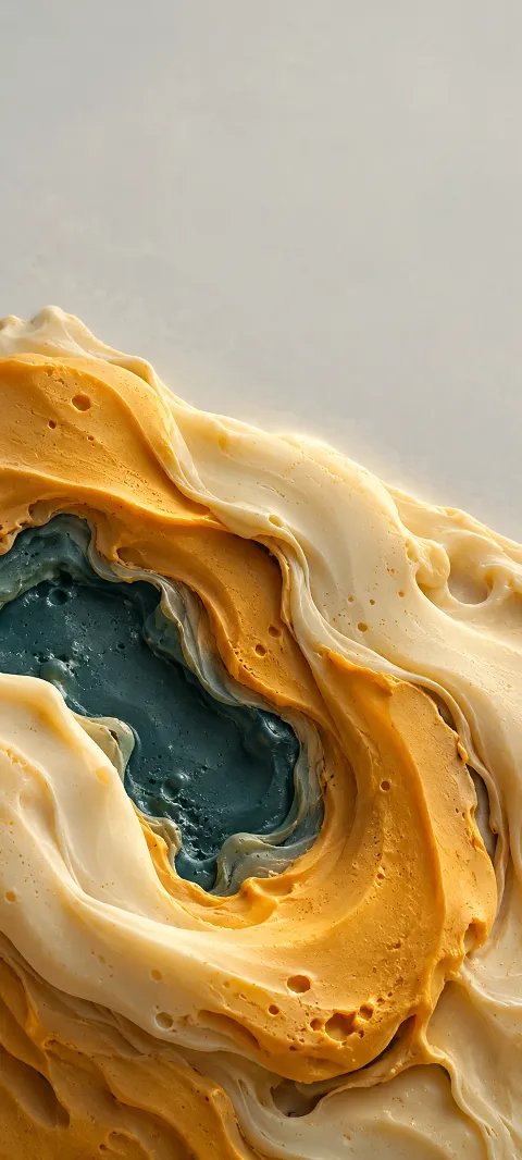 Ochre and ivory wax-like folds surrounding a dark teal recess.
