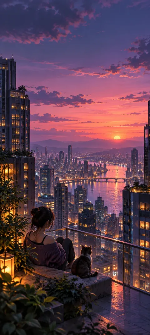Violet dusk settles between buildings and glowing windows.