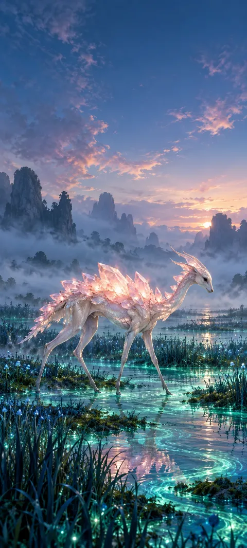 A crystal-backed fantasy creature in a luminous teal marsh at sunrise.