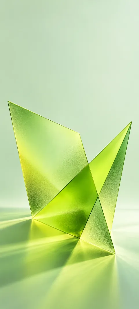 Two translucent lime green triangular planes intersect on a pale mint background.