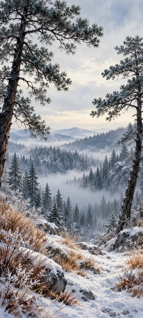 Snowy path between tall frosted pines, rocks and dry grasses above a misty pine valley.