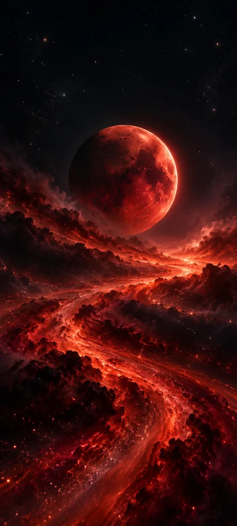 A crimson moon hangs over red cosmic dust.