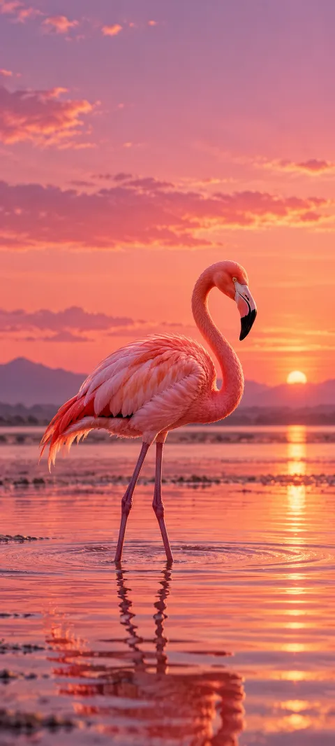A flamingo stands in shallow rose-lit water.