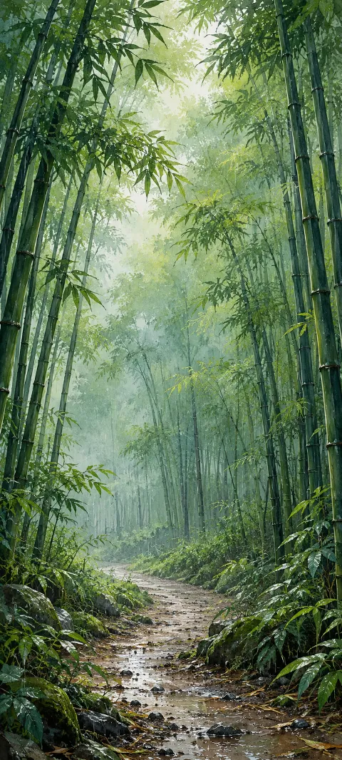 Rain-damp path and tall bamboo stalks with dense green leaves.