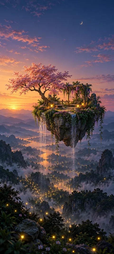 A flower-covered garden floats above a firefly-lit valley.