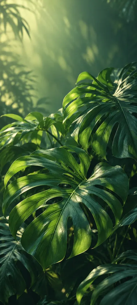 Glossy monstera leaves overlap in filtered green light.