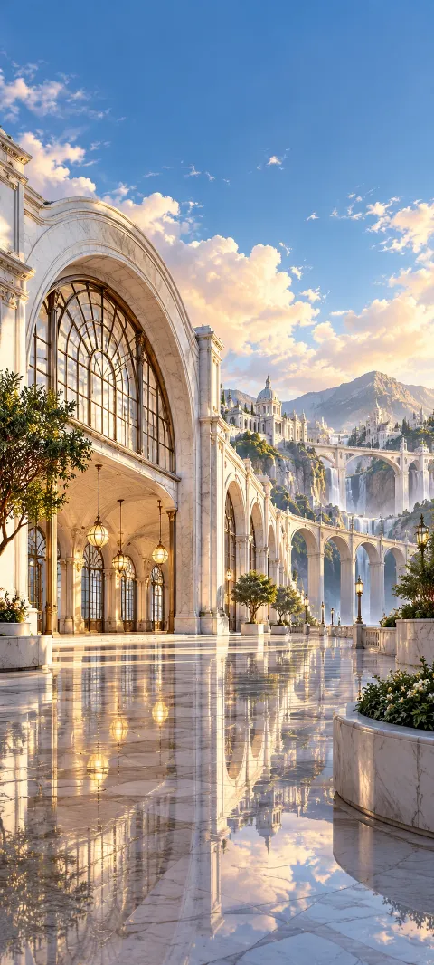 A white marble station opens onto a reflective plaza.