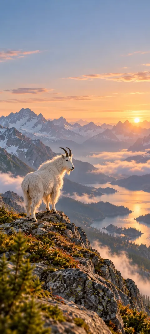 A mountain goat stands above a cloud-filled alpine lake.
