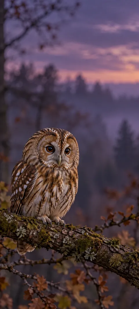 Brown owl with amber eyes and gripping feet perched on a mossy branch.
