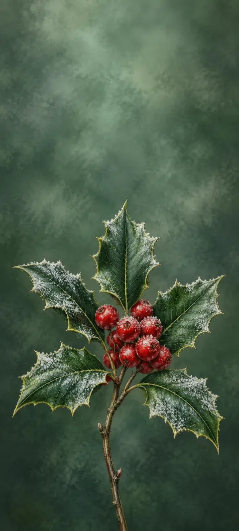 Red holly berries and five frost-covered leaves on a muted green background.