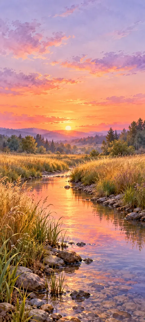 Coral sunset over a winding meadow creek bordered by golden grasses and stones.