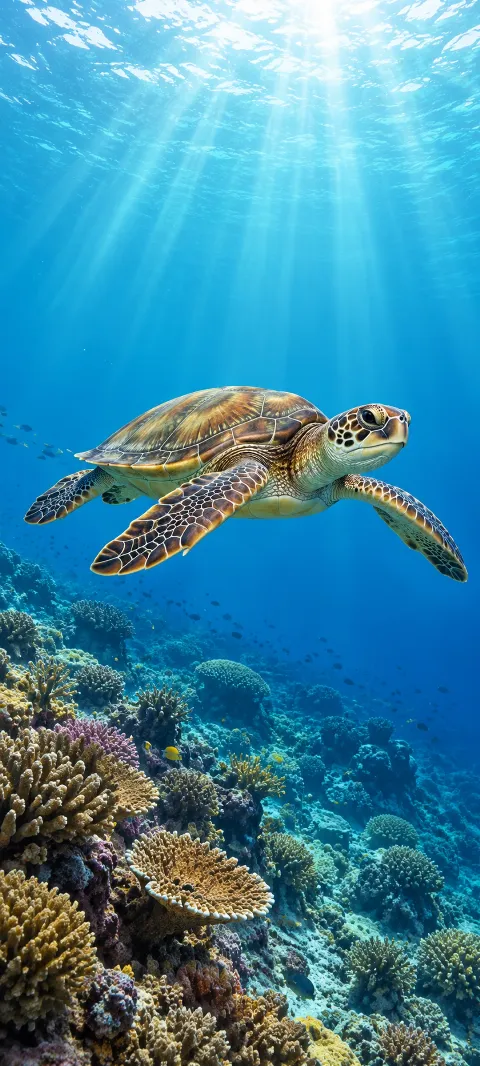 A whole sea turtle with spread flippers swimming above a blue coral reef.
