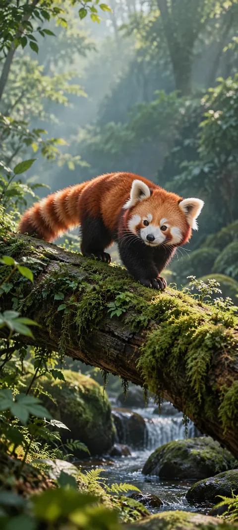 Red panda standing on a mossy log in sunlit forest shade.