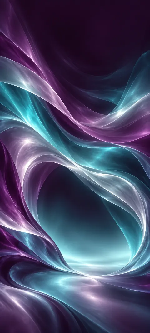 Flowing plum, cyan and silver folds surrounding an open hollow.