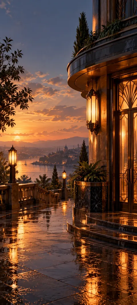 Amber lamps reflect across a rain-wet Art Deco terrace.