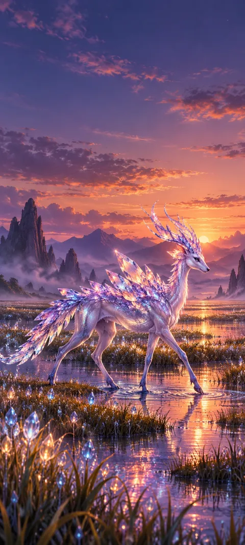 A crystal-backed creature crosses a glowing marsh.