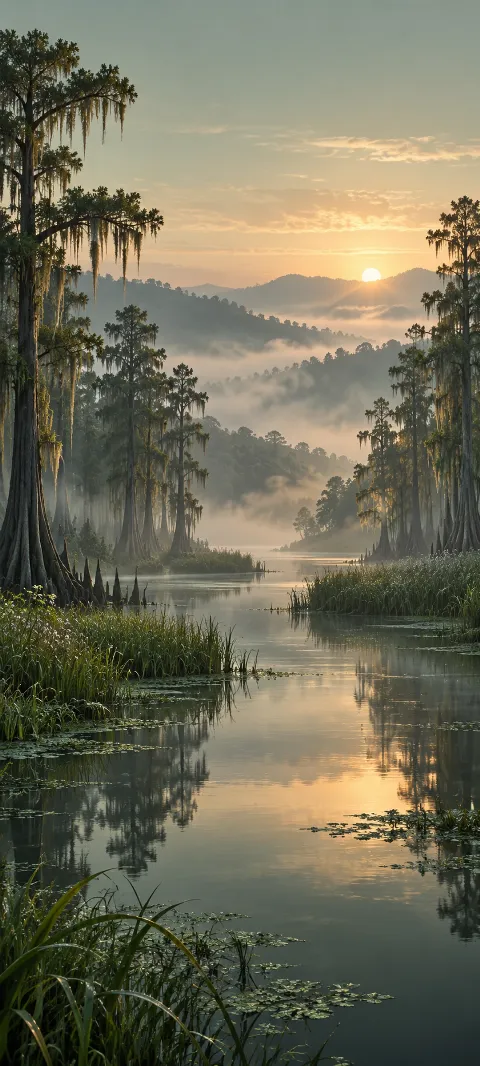 Cypress silhouettes line a winding channel in low morning fog.