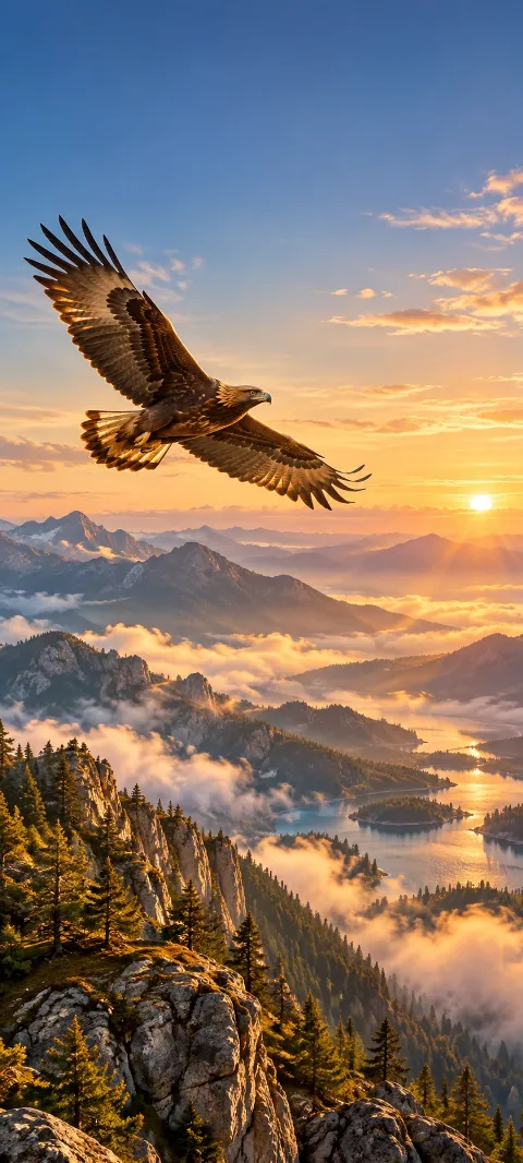 Golden eagle flying above a clouded mountain lake in peach light.
