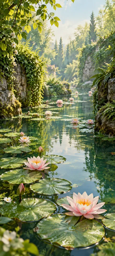 Pink water lilies and green pads on a narrow reflective channel.