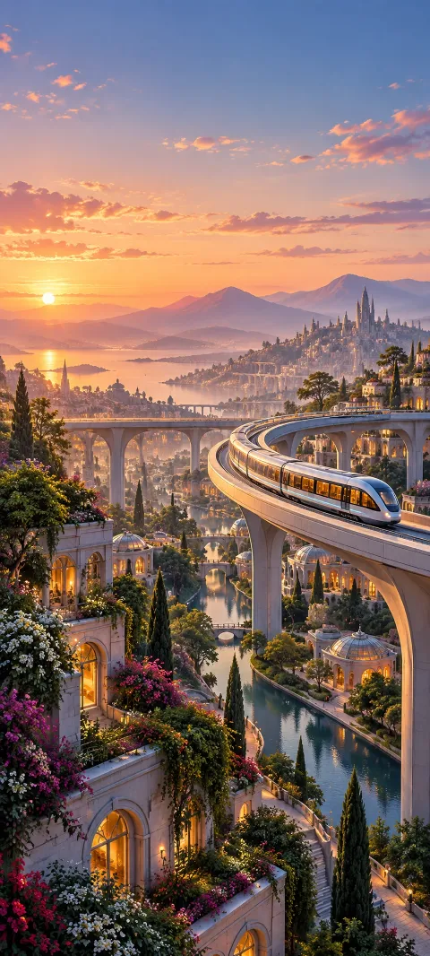 A silver train on an elevated curving track above a flower-filled city at sunset.