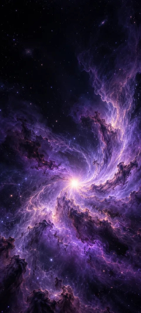 A bright star amid violet dust clouds in deep space.